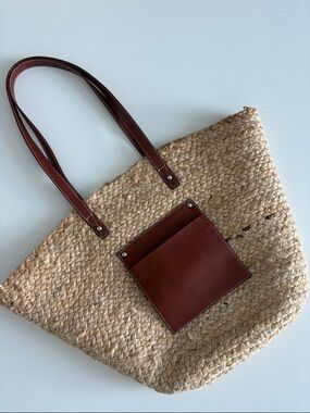 Haute Hippie Natural Straw Tote with Brown Leather Trim